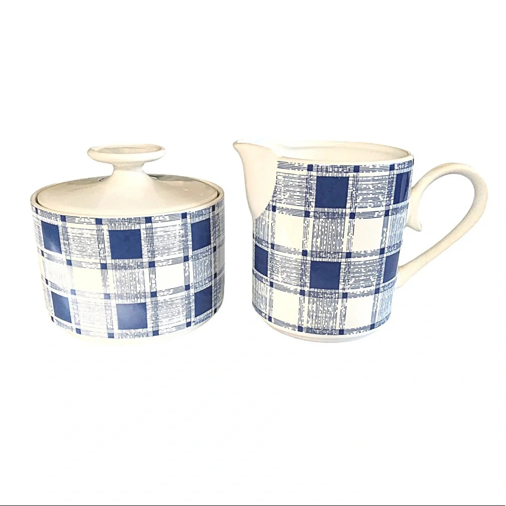 Vintage MCM Stoneware Cream & Sugar Set Japan Blue  Plaid